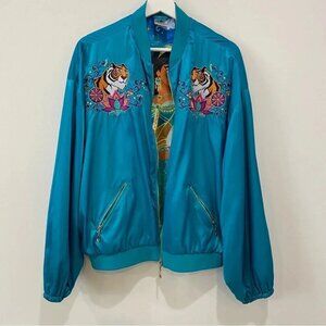 RARE Disney Princess Jasmine L Aladdin Satin Teal Blue Bomber Jacket Embroidered